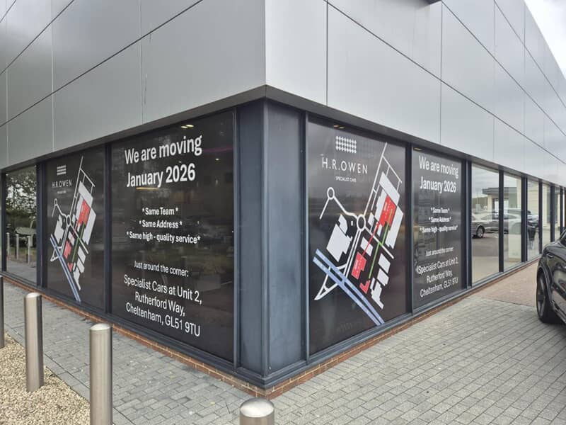 An image of window graphics on the HR Owen building.